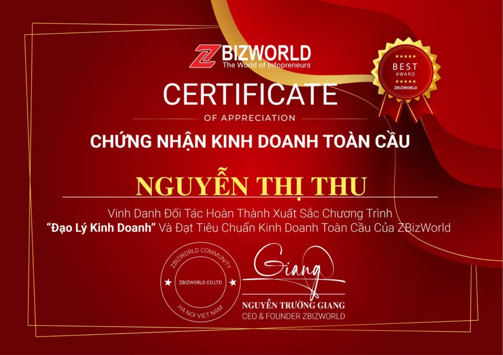 Chứng nhận Đạo Lý Kinh Doanh của Nguyễn Thị Thu