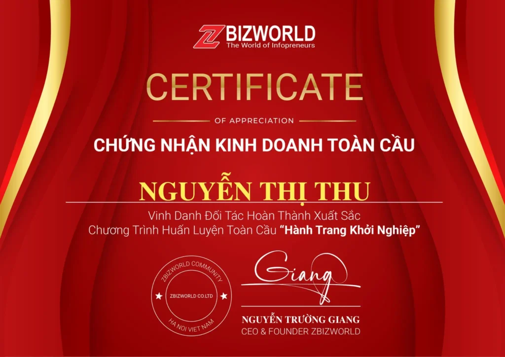 Chứng nhận Hành Trang Khởi Nghiệp của Nguyễn Thị Thu